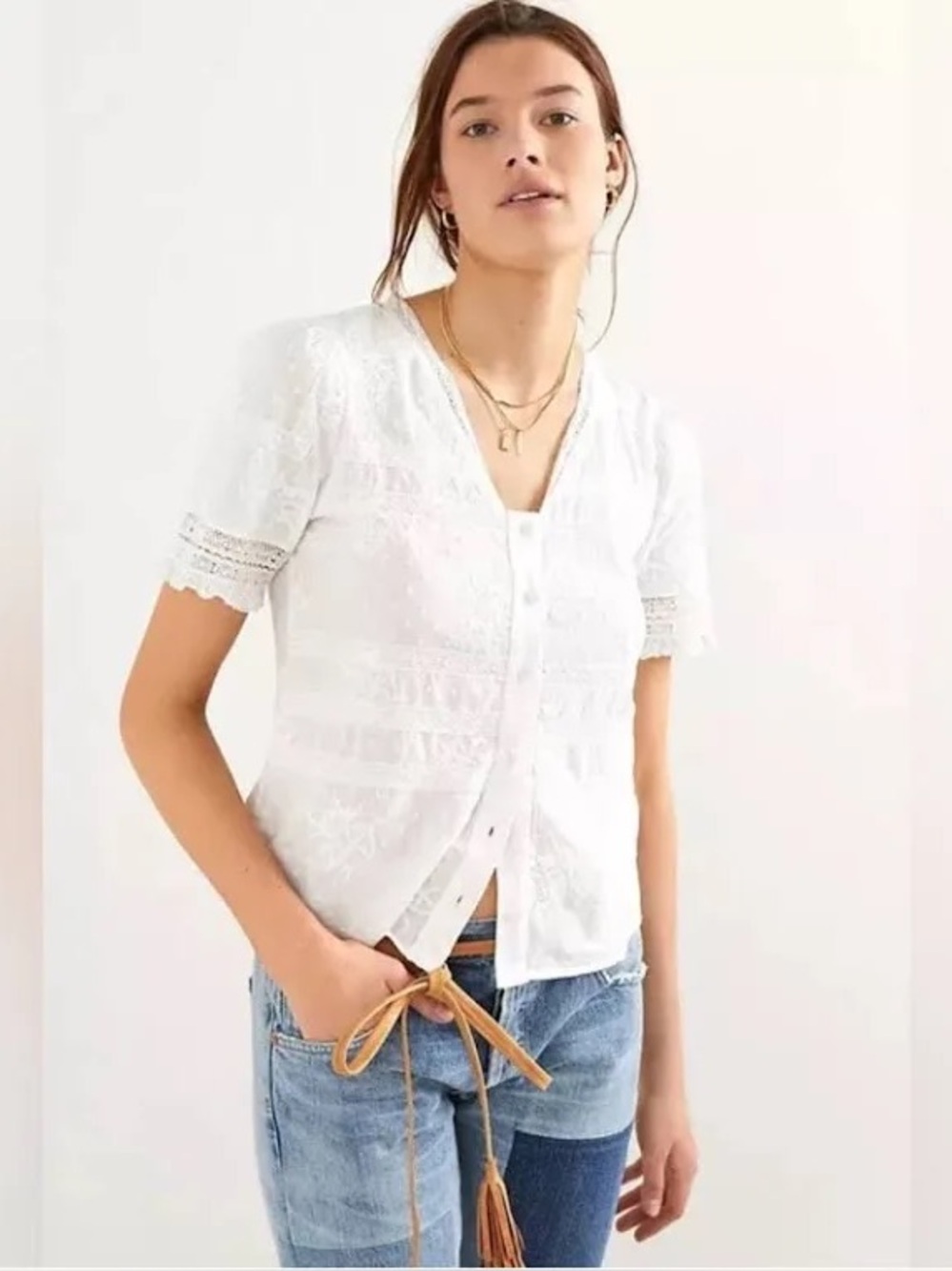 Anthropologie Forever Girl White Lace Button-Front Short Sleeve Top